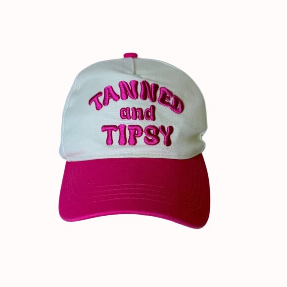 Tanned and Tipsy Embroidered Baseball Cap Pink White Hat Cruise Vacation Summer - Picture 9 of 9